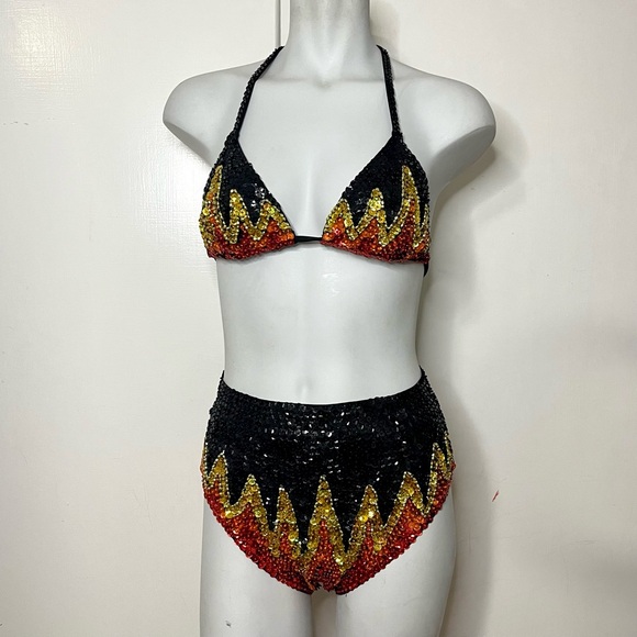 Easy Tiger Other - Easy Tiger Too Hot To Handle Sequins Flame Two Piece Bikini Hot Pants Set